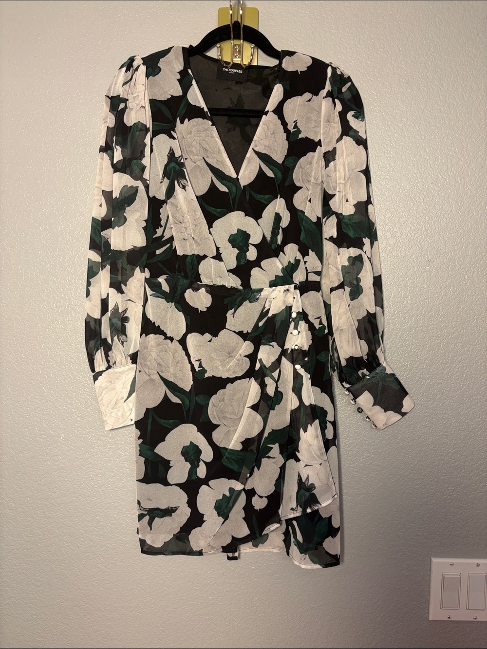 The Kooples Black Floral Wrap Dress Jacket with White Flowers and Green Leaves